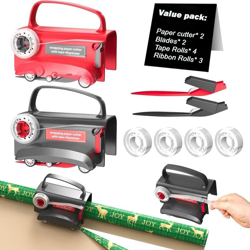Juego de cortador de papel para envolver ruedas y dispensador de cinta adhesiva 2 en 1