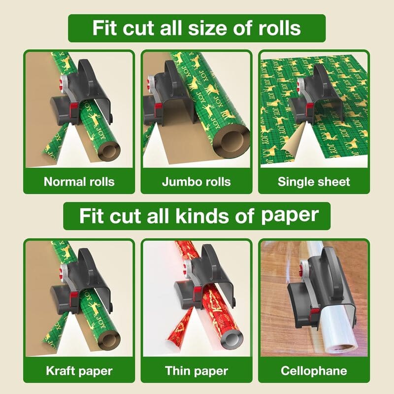 Juego de cortador de papel para envolver ruedas y dispensador de cinta adhesiva 2 en 1