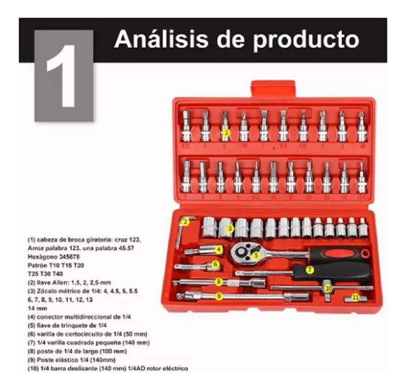 Juego De Herramientas Mecánicas Dados Llaves Acero 46 Pcs